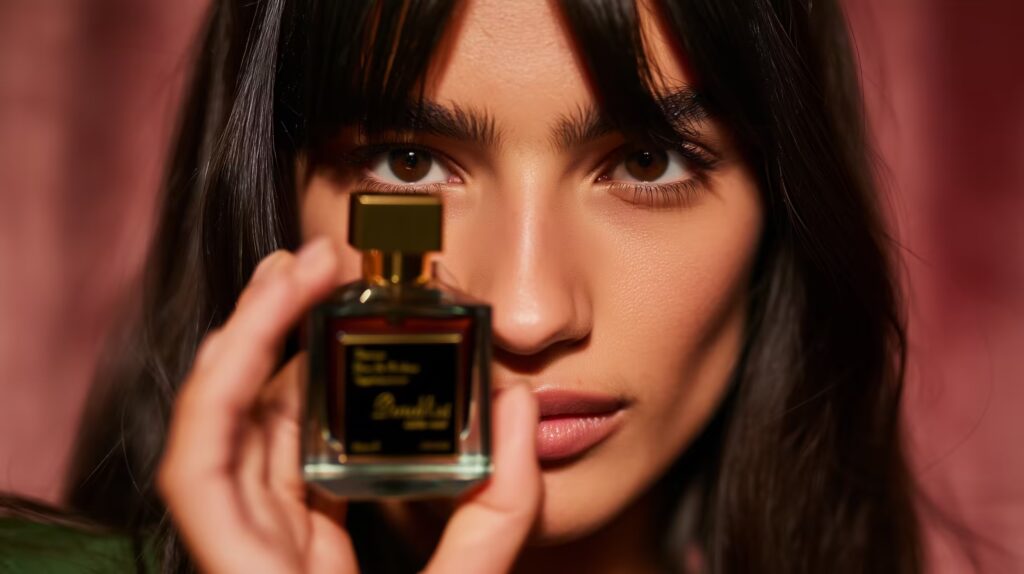 Moteris rankoje laiko Fragrance World kvepalų buteliuką.